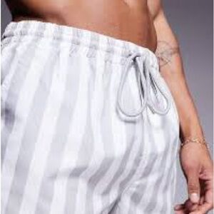 Gray and White Athletic Striped Shorts with Elastic Waistband